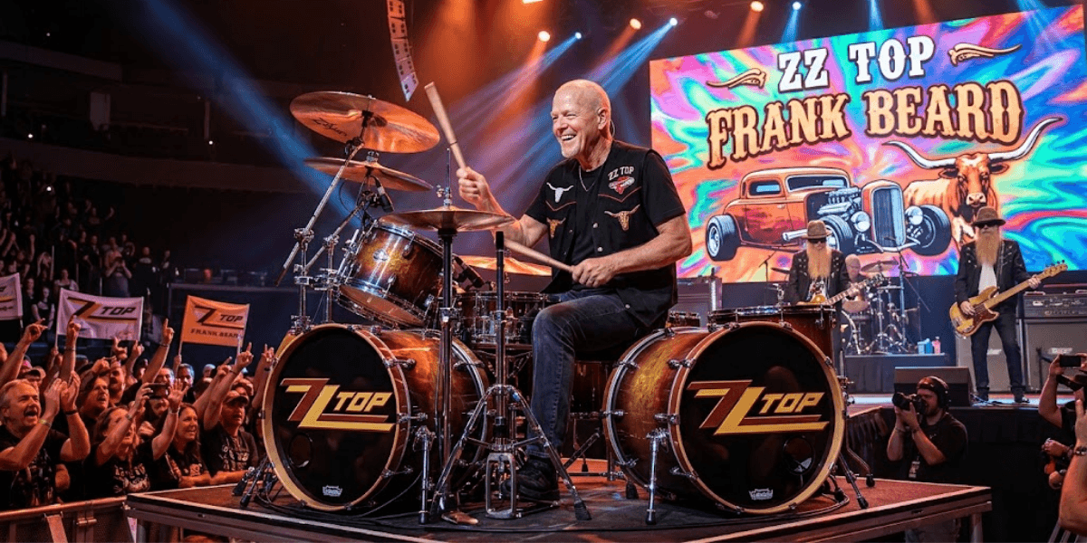 Drummer performing on stage with ZZ Top, energetic crowd and vibrant backdrop visible