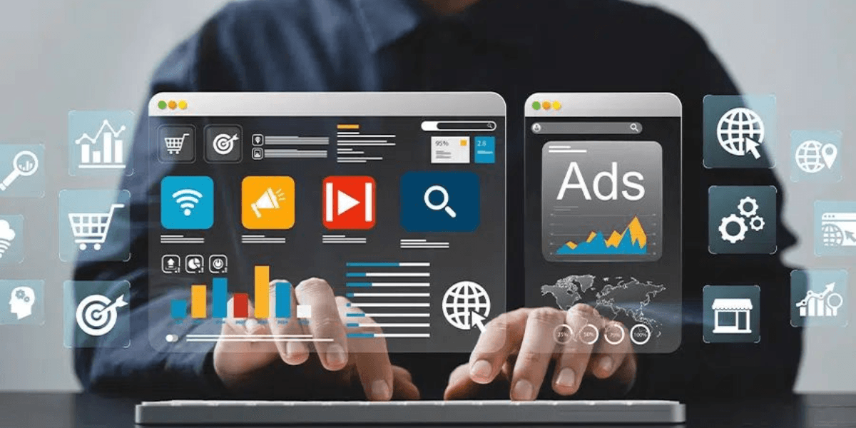 Person typing at a keyboard surrounded by digital ads and analytics icons