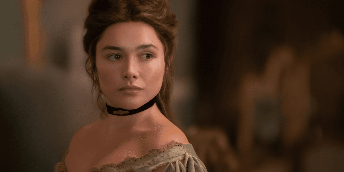A young woman in vintage attire gazes thoughtfully, wearing a choker and elegant dress