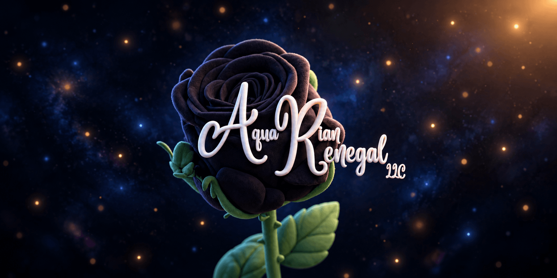 A black rose surrounded by a starry cosmic background with elegant text overlay