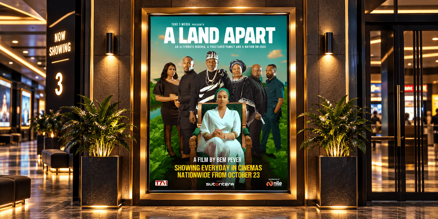Movie poster for "A Land Apart" displayed in a cinema lobby