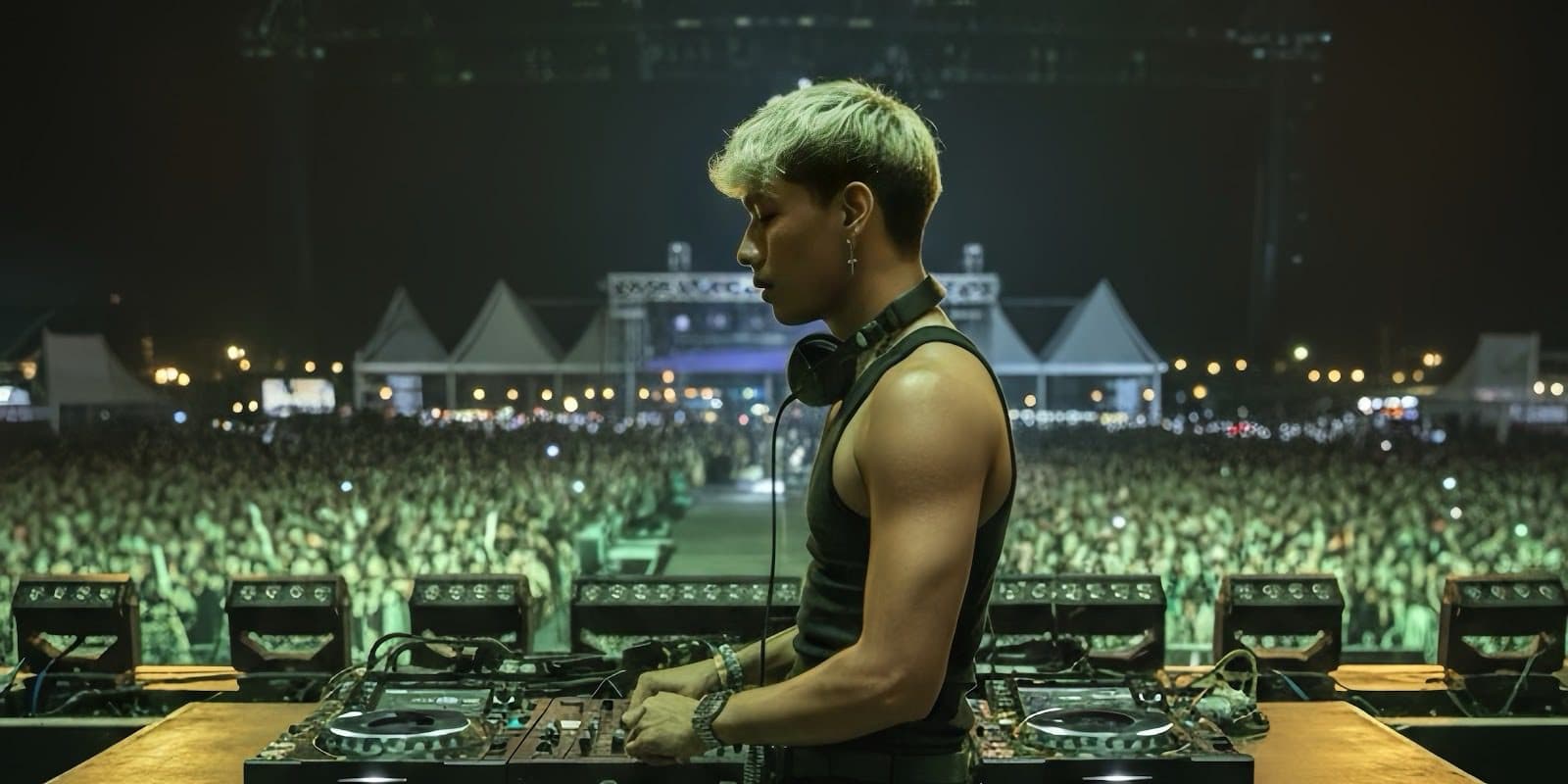 Atlas Nguyen performing at an EDM festival, creating emotional music for his audience.