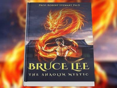 Book cover for Bruce Lee: The Shaolin Mystic by Prof. Robert Stewart featuring a martial artist encircled by a fiery dragon.