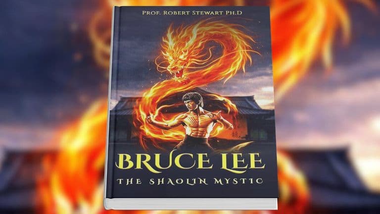 Book cover for Bruce Lee: The Shaolin Mystic by Prof. Robert Stewart featuring a martial artist encircled by a fiery dragon.