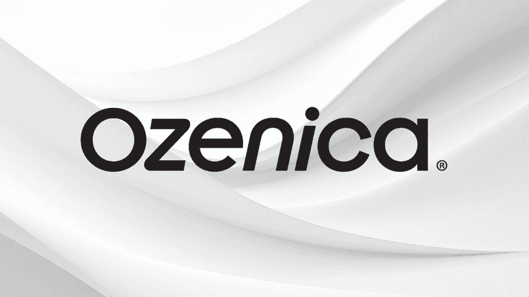 Ozenica logo displayed on a clean white abstract background.