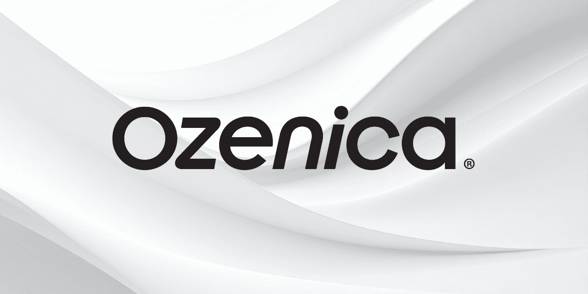Ozenica logo displayed on a clean white abstract background.