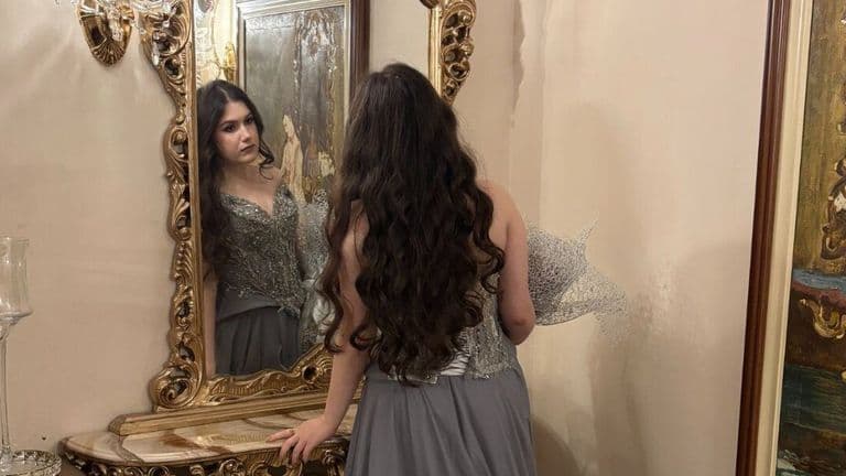 Jelena Kulic couture gown with intricate silver embellishments reflected in an ornate mirror, highlighting wearable art craftsmanship.