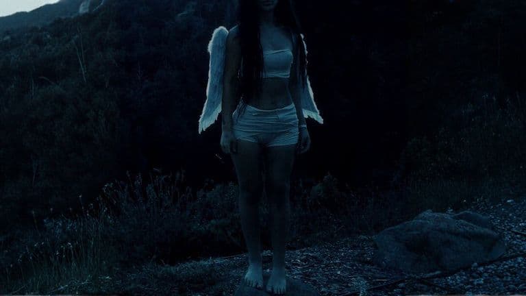 Woman with angel wings standing barefoot outdoors at dusk in a dark, cinematic forest landscape.