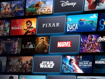 Streaming interface displays Disney, Pixar, Marvel, and Star Wars titles alongside movies and television series.