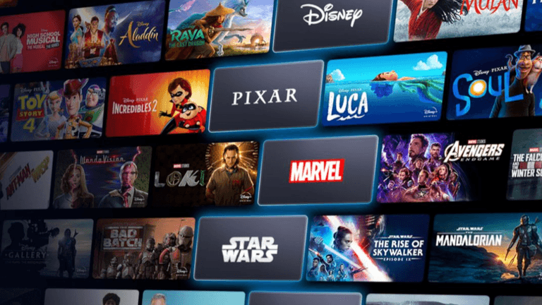 Streaming interface displays Disney, Pixar, Marvel, and Star Wars titles alongside movies and television series.