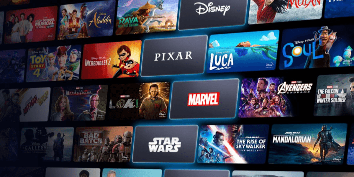 Streaming interface displays Disney, Pixar, Marvel, and Star Wars titles alongside movies and television series.