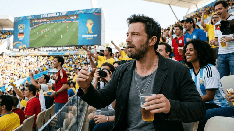 Crowd of soccer fans watching a FIFA World Cup match with a celebrity spectator in the stands.