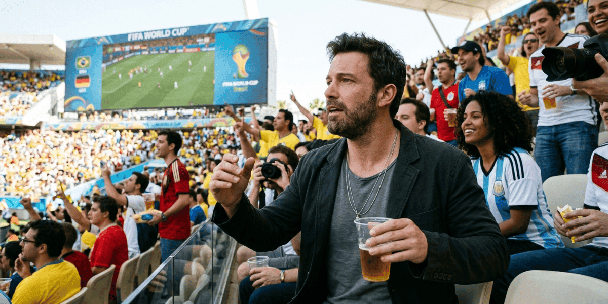 Crowd of soccer fans watching a FIFA World Cup match with a celebrity spectator in the stands.