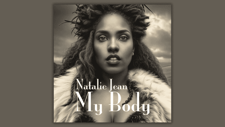 Album cover of Natalie Jean’s “My Body” featuring a woman in fur against a dramatic cloudy sky.