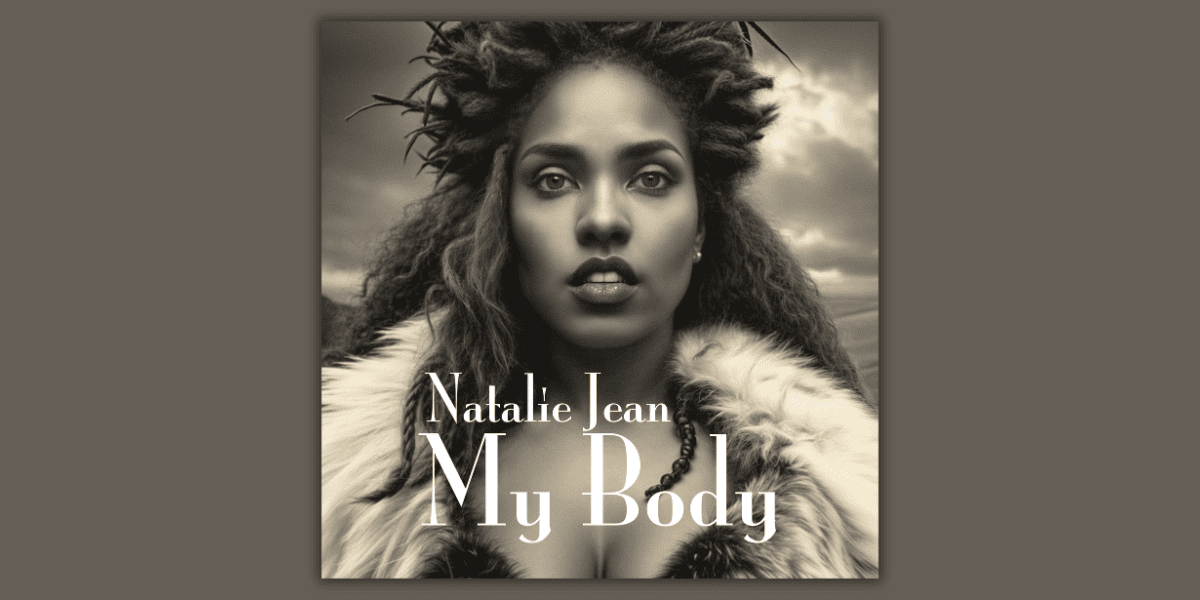 Album cover of Natalie Jean’s “My Body” featuring a woman in fur against a dramatic cloudy sky.