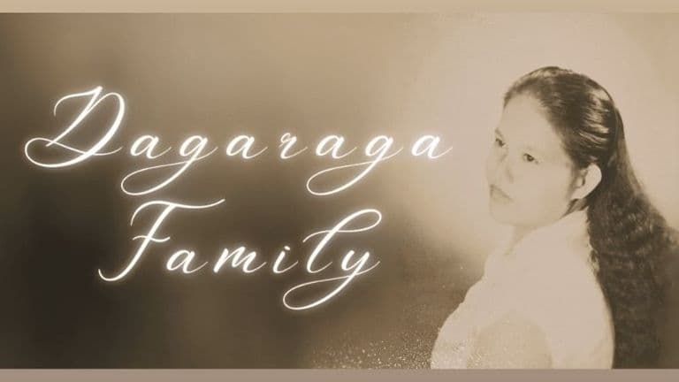 "Black and white photo of a woman with long hair, looking over her shoulder, with the text 'Dagaraga Family' elegantly written in cursive above her."