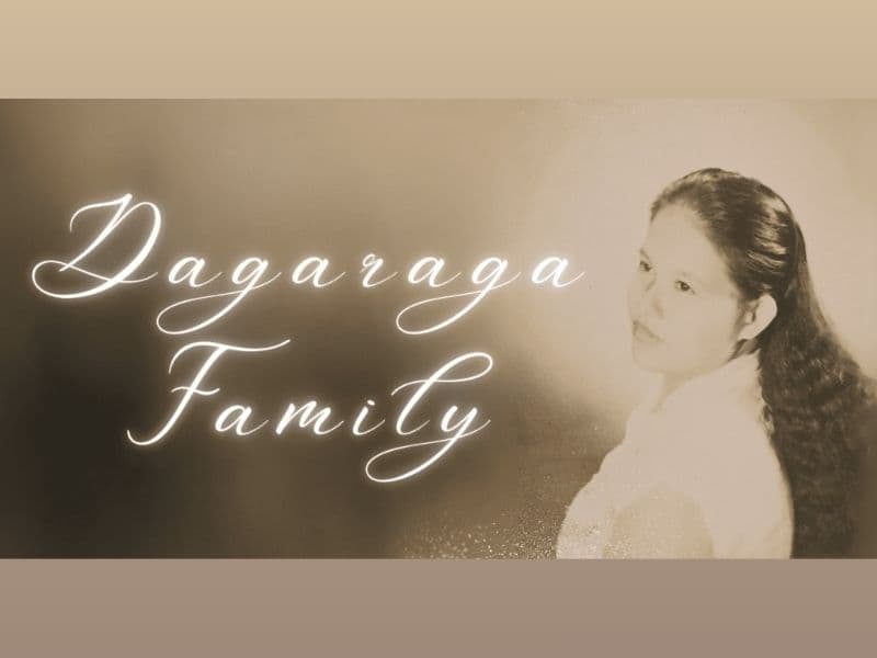 "Black and white photo of a woman with long hair, looking over her shoulder, with the text 'Dagaraga Family' elegantly written in cursive above her."