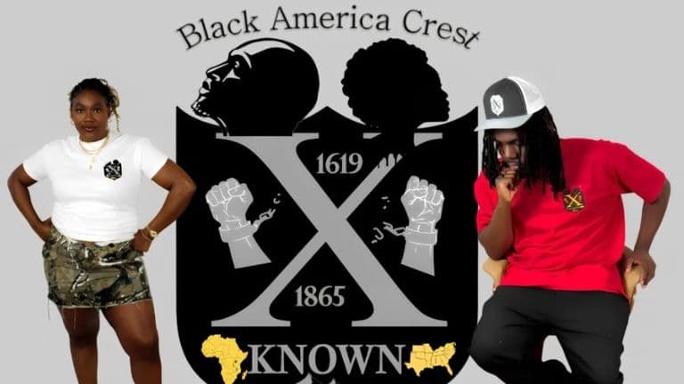 Two models dressed in X-Known clothing, standing in front of the brand’s logo that features the Black America Crest, showcasing a collaboration between fashion and culture.