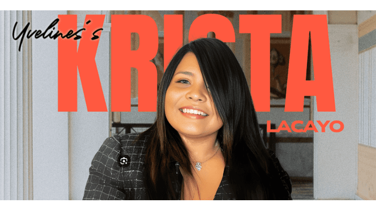 Portrait of Krista Lacayo featured in Yveline's spotlight series, smiling in a professional setting with bold text overlay.
