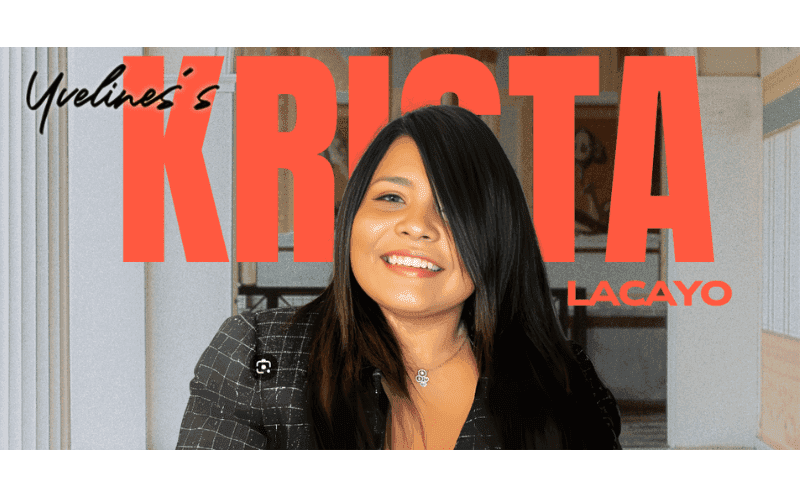 Portrait of Krista Lacayo featured in Yveline's spotlight series, smiling in a professional setting with bold text overlay.