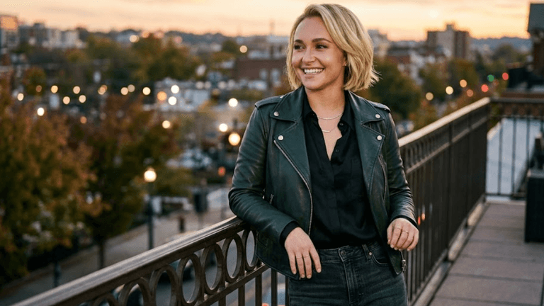Smiling person in a green leather jacket poses against a sunset city skyline.
