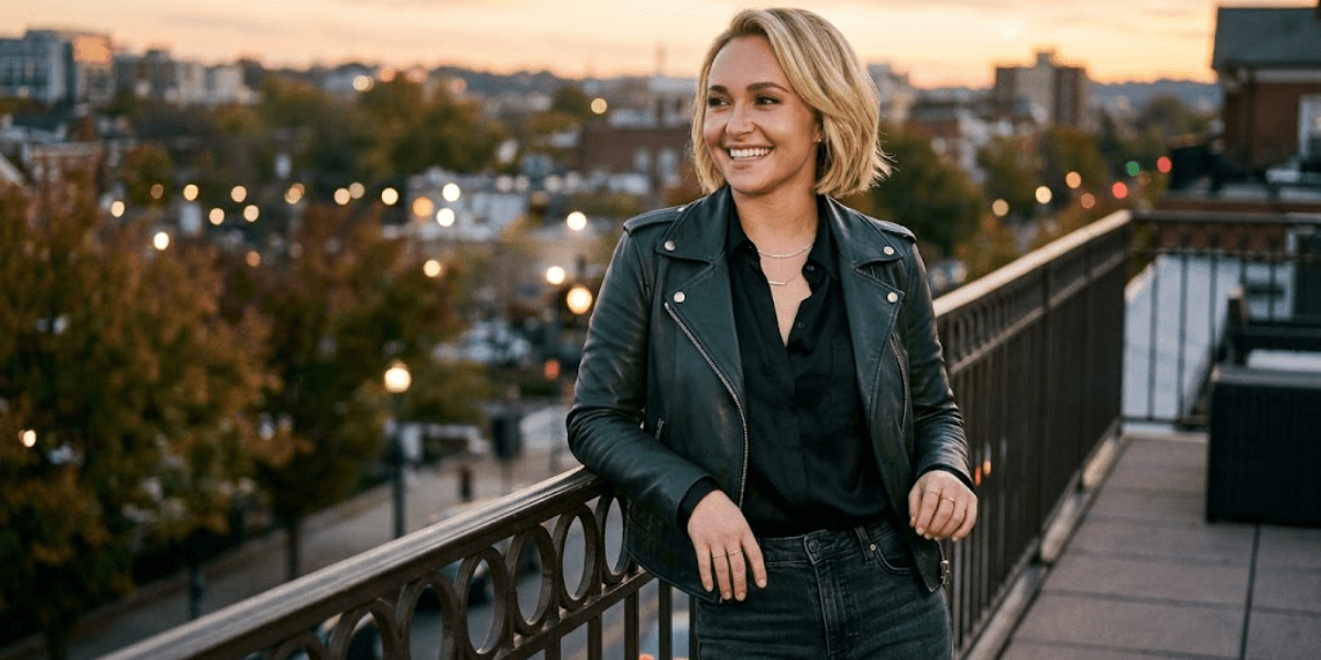 Smiling person in a green leather jacket poses against a sunset city skyline.