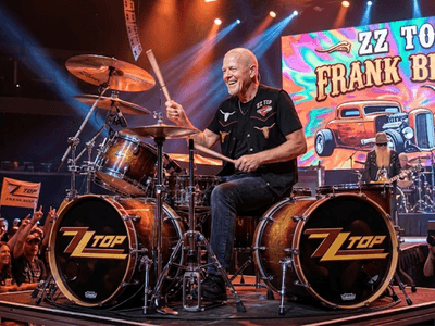 Drummer performing on stage with ZZ Top, energetic crowd and vibrant backdrop visible
