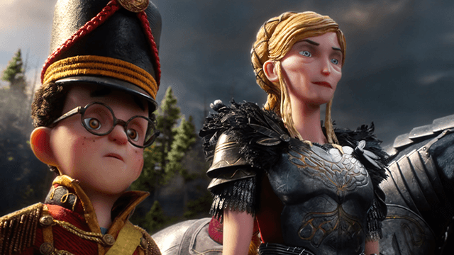 Two animated characters, one in military attire and the other in armor, stand together.