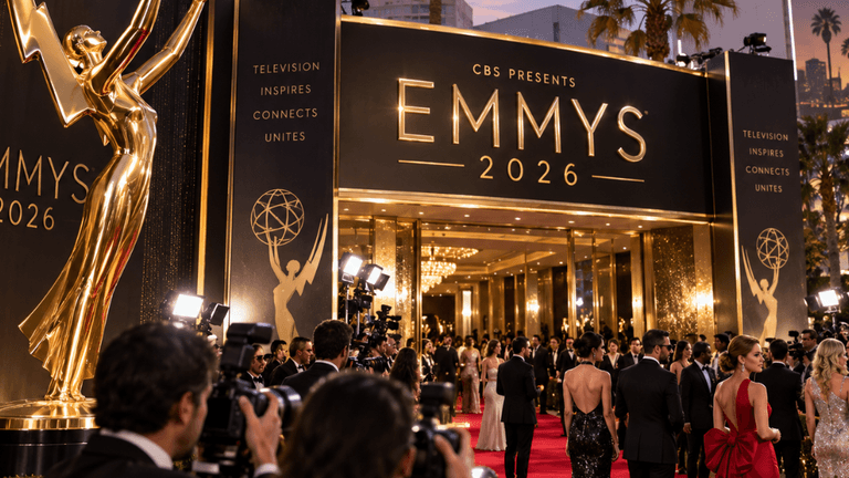 Red carpet entrance for the 2026 Emmys with photographers and attendees dressed elegantly
