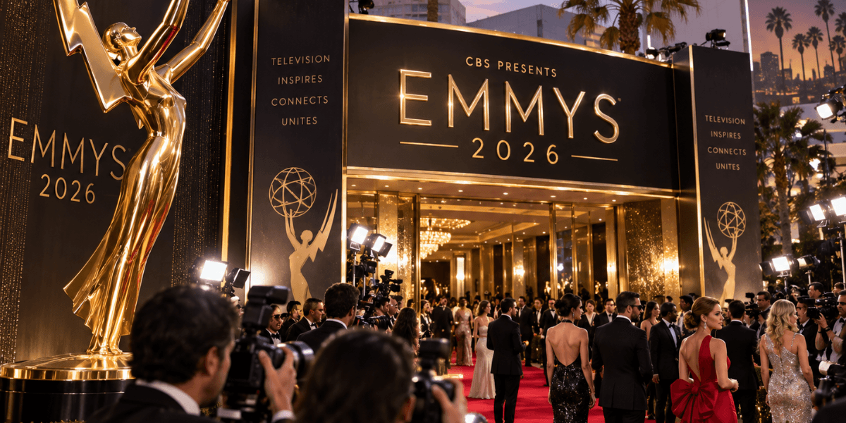 Red carpet entrance for the 2026 Emmys with photographers and attendees dressed elegantly