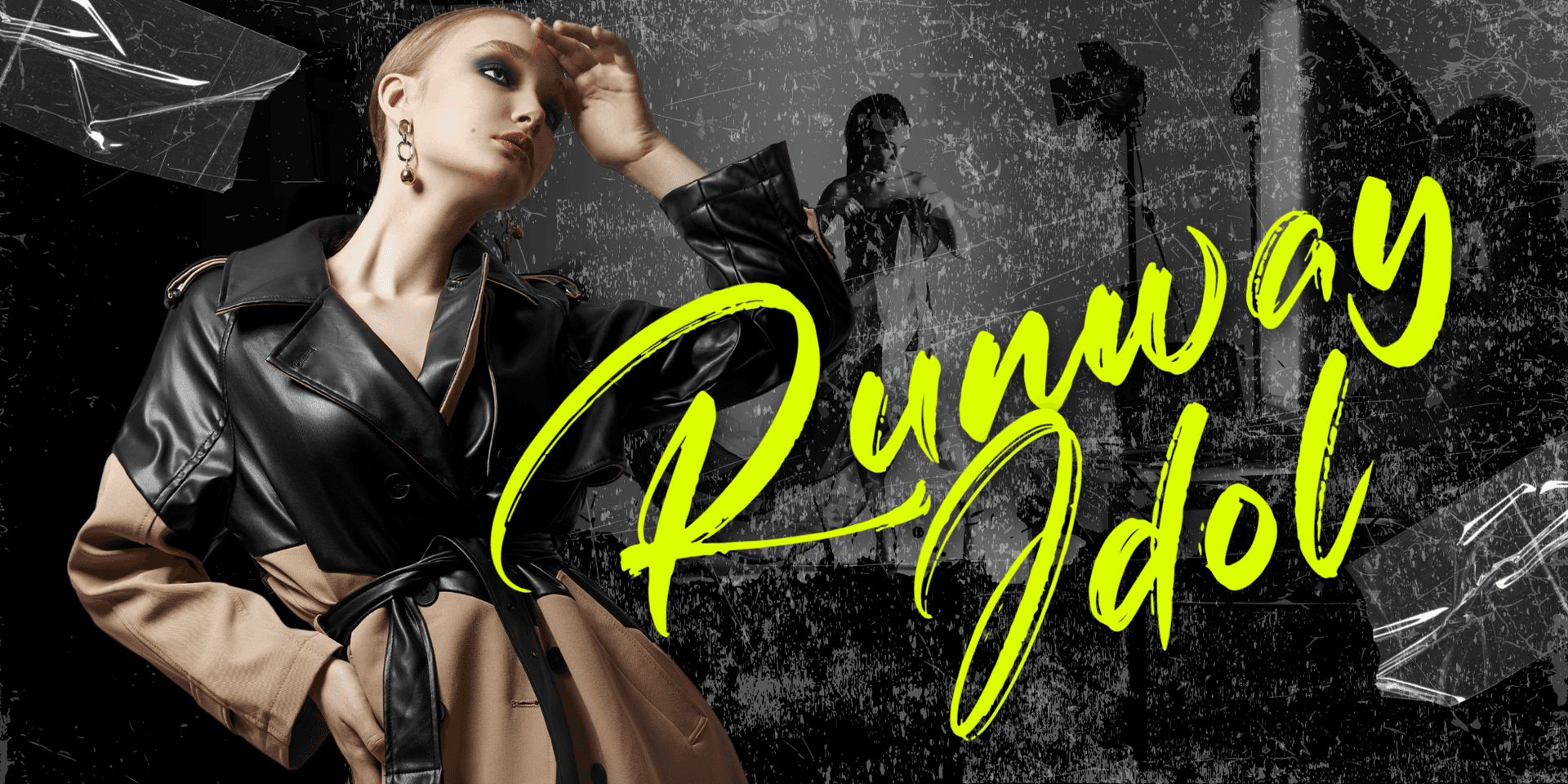 Model in stylish trench coat poses strikingly with "Runway Idol" text overlay