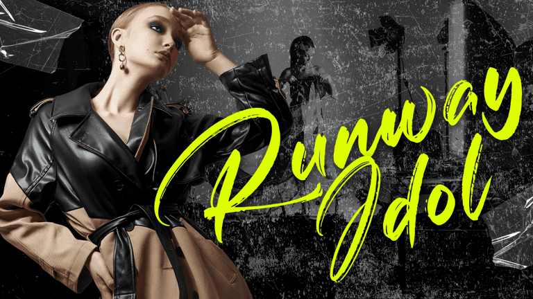 Model in stylish trench coat poses strikingly with "Runway Idol" text overlay