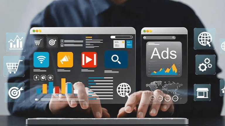 Person typing at a keyboard surrounded by digital ads and analytics icons