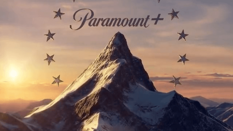 Mountain peak with snow, surrounded by stars and the Paramount+ logo above it