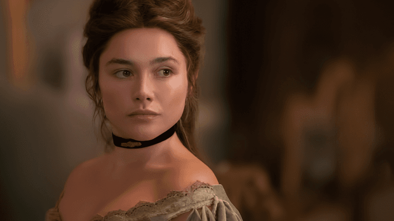 A young woman in vintage attire gazes thoughtfully, wearing a choker and elegant dress
