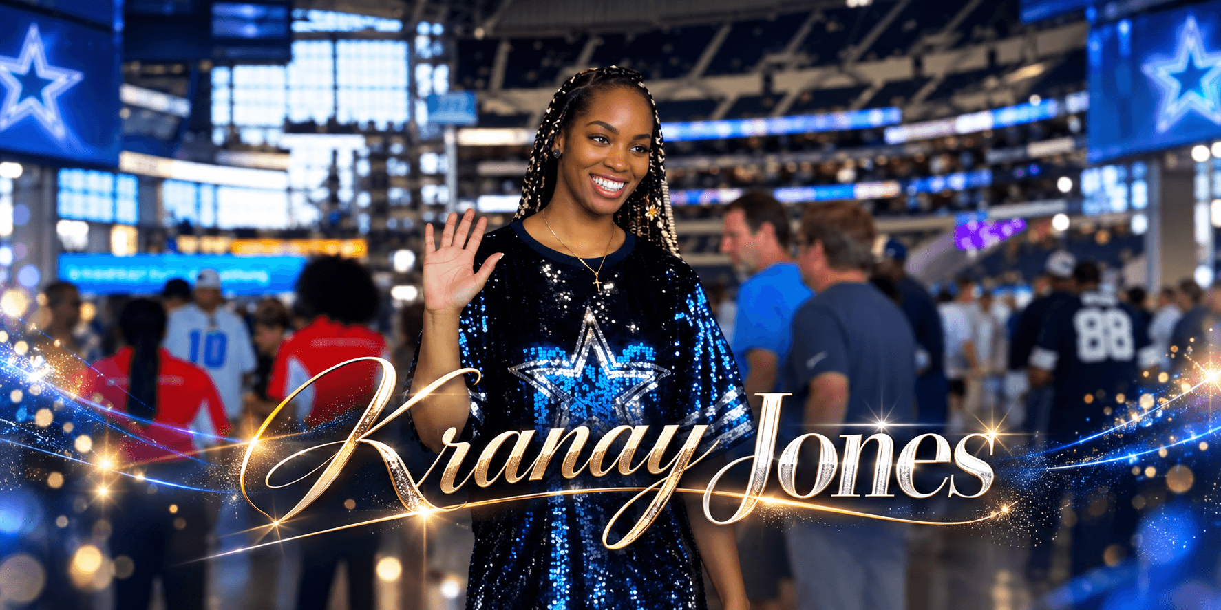 A smiling woman waves in a stadium, wearing a glittery outfit with a star design