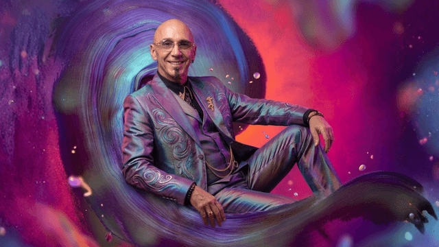 A man in a colorful suit sits against a vibrant, swirling background