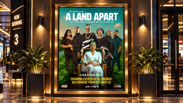 Movie poster for "A Land Apart" displayed in a cinema lobby