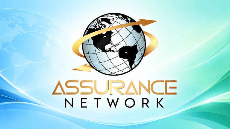 Logo of Assurance Network featuring a globe and abstract wave designs in blue and green