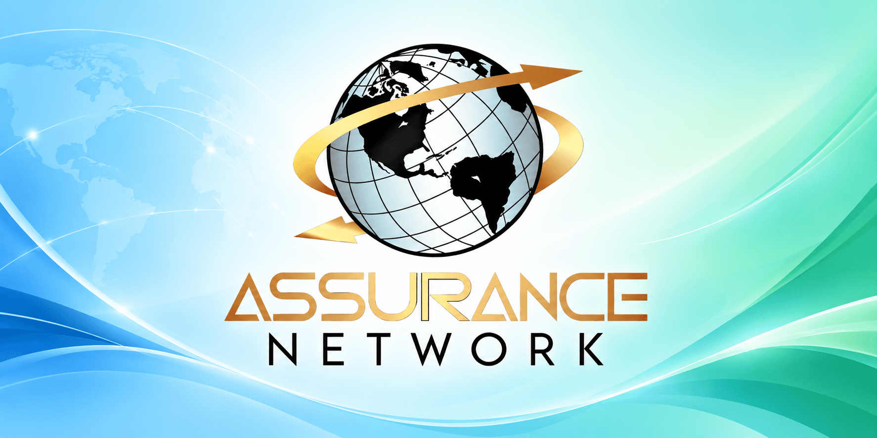Logo of Assurance Network featuring a globe and abstract wave designs in blue and green