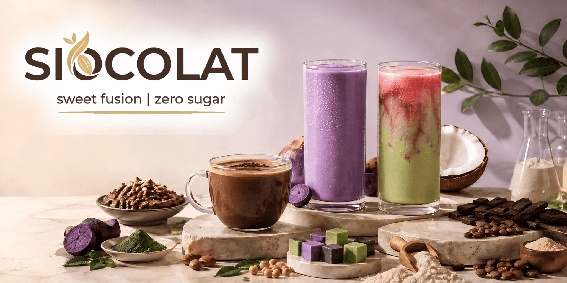 Three colorful smoothies and a chocolate drink on a stone surface with raw ingredients