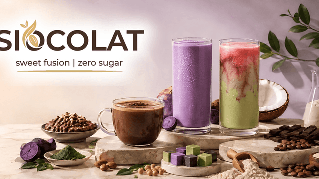 Three colorful smoothies and a chocolate drink on a stone surface with raw ingredients