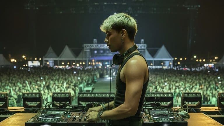 Atlas Nguyen performing at an EDM festival, creating emotional music for his audience.