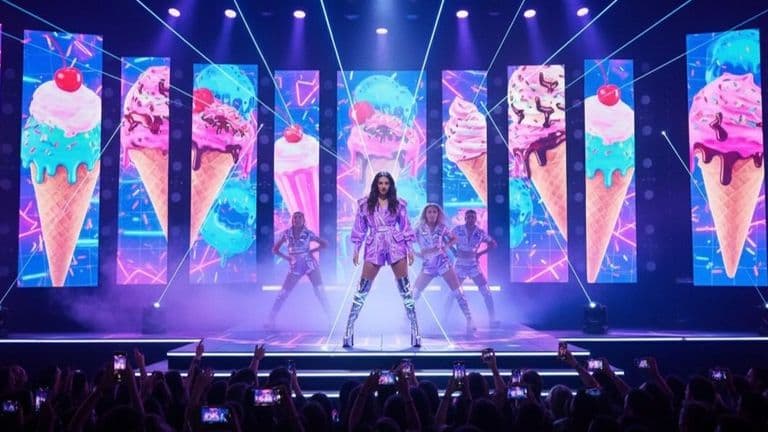 EverjoyAi performing on stage with vibrant visuals of ice cream cones behind her.