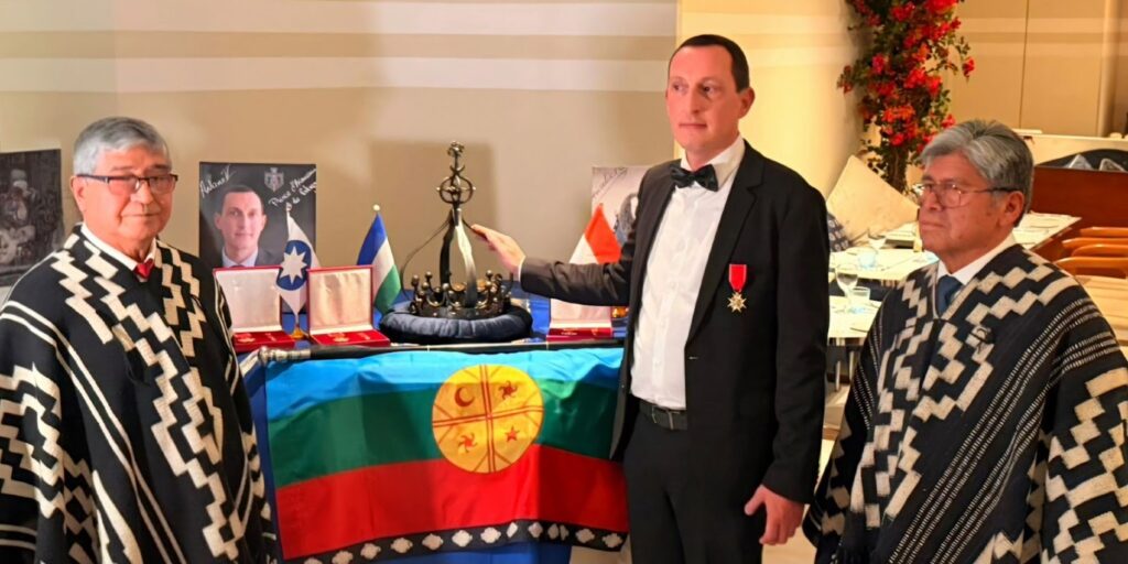 Prince Antoine V's coronation ceremony, highlighting Mapuche cultural preservation with traditional attire and royal symbolism."