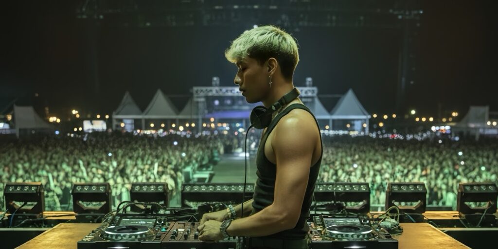 Atlas Nguyen: Transforming Personal Struggles Into EDM Masterpieces Atlas Nguyen performing at an EDM festival, creating emotional music for his audience.
