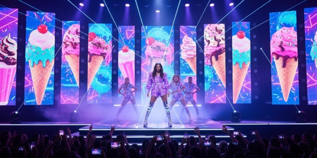 EverjoyAi: The AI-Powered Pop Icon Shaping the Future of Music and Art EverjoyAi performing on stage with vibrant visuals of ice cream cones behind her.