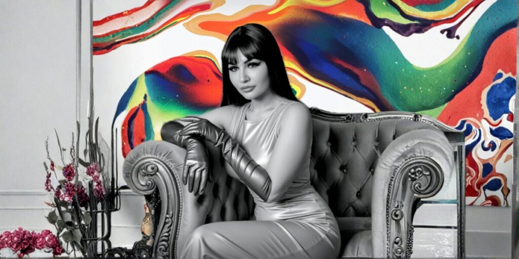 A model in a sleek silver outfit sits confidently on a vintage chair, with vibrant abstract artwork as the backdrop.