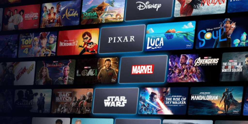 Television and Streaming Industry Builds Momentum Ahead of Fall Premiere Season Streaming interface displays Disney, Pixar, Marvel, and Star Wars titles alongside movies and television series.